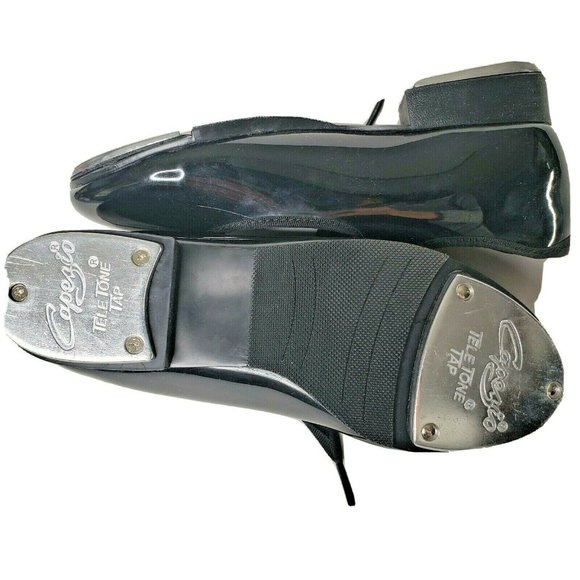 COPY - Capezio Tap Dance Shoes Girls Size 4W 4 W Black Patent Tie Up New - Picture 2 of 7
